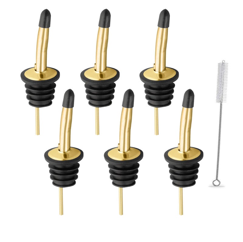 WAFJAMF 6 Pcs Liquor Pour Spouts Set, Stainless Steel Liquor Bottle Pourers with Rubber Dust Caps, for Pours Liquid, Olive Oil, Wine, Vinegar (Gold) - Image 1